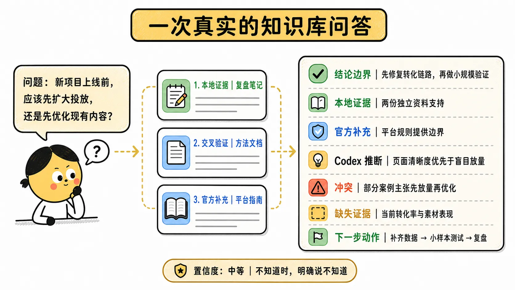 知识库问答结构展示:从多份资料找到证据,再给出结论、来源、冲突和缺口